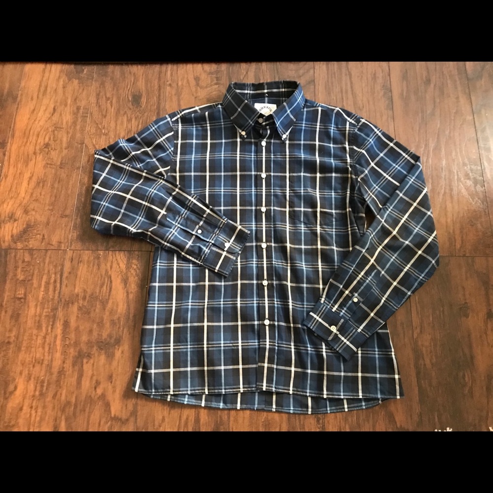 Brutus trim fit blue plaid button down men’s shirt
